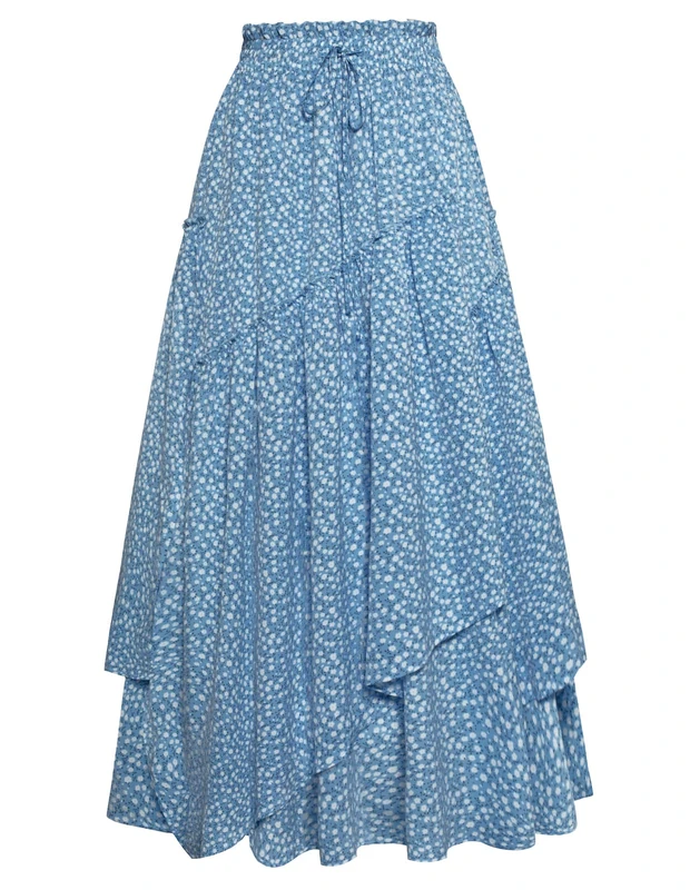 Scarlet Darkness Women Floral Print Boho Skirt Elastic High Waist Long Maxi Skirts with Pockets, Blue Floral, L