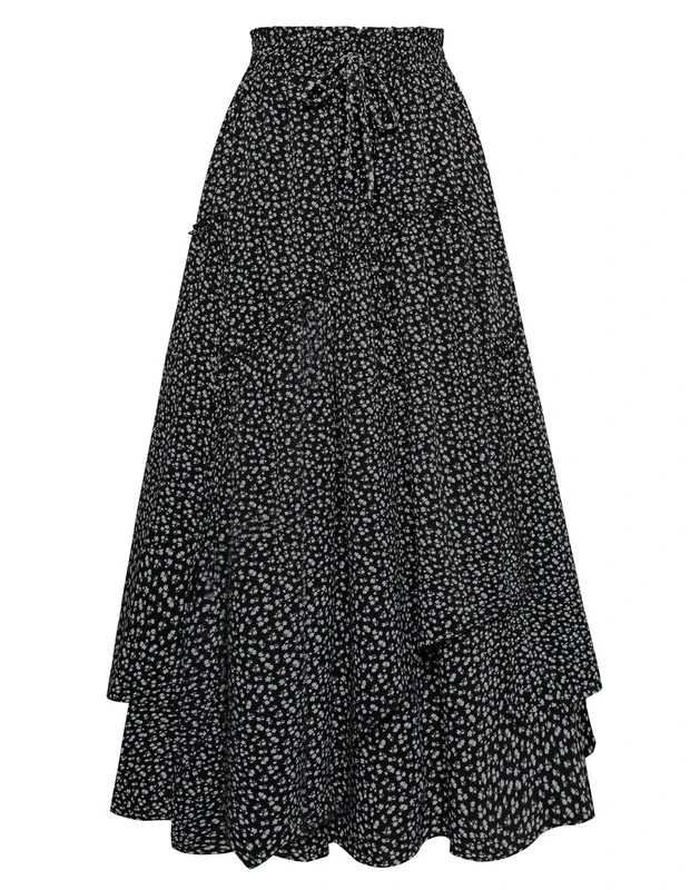 Scarlet Darkness Women Floral Print Boho Skirt Elastic High Waist Long Maxi Skirts with Pockets, Black Floral, S