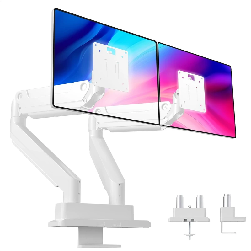 Claiks Heavy-Duty Dual Monitor Arm for 17-49'' Ultrawide Curved Screen, Load 20kg, Height Adjustable Monitor Desk Mount with Tilt Swivel Rotate, Gas Spring, VESA 75/100mm, White