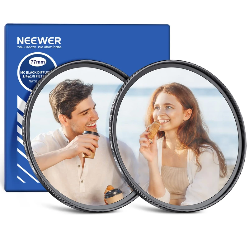NEEWER 77mm 1/4 & 1/8 Black Diffusion Camera Lens Filter 2 Pack Set, Dreamy Cinematic Effect Filter Multicoated Glass Storage Case Cleaning Cloth, for Portrait Photography Video