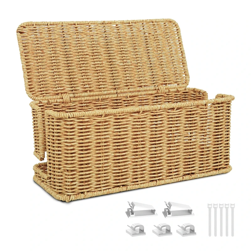 IXTRA Handmade Cable Management Box Imitation Rattan Cable Organizer Box With Lid 2 Open Slots Under Desk Cord Organizer to Hide Power Strips & Cords and Cover Floor TV Wires Computer Usb Hub