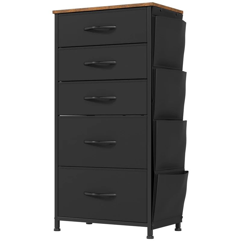 YITAHOME Narrow Chest of Drawers with 5 Drawers, Fabric Drawers with Side Pocket&Hooks,Easy Pull Handle,Sturdy Steel Frame,Storage Drawers for Bedroom, Closet, Clothes,Black