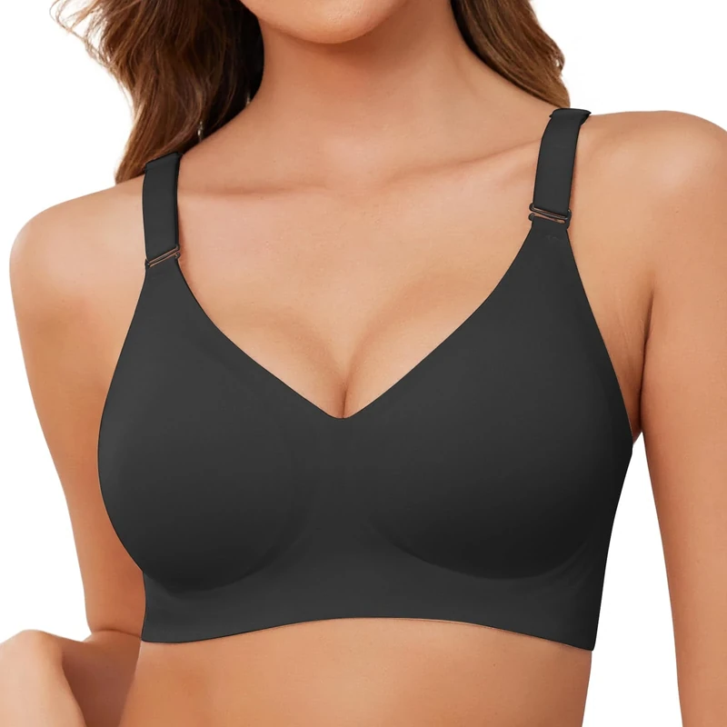 Lonya Bras for Women Push Up Seamless Non Wired Support Full Coverage Ladies V Neck Wireless Bra Comfort Adjustable Padded Zero Feel Bralettes, Light Black, L