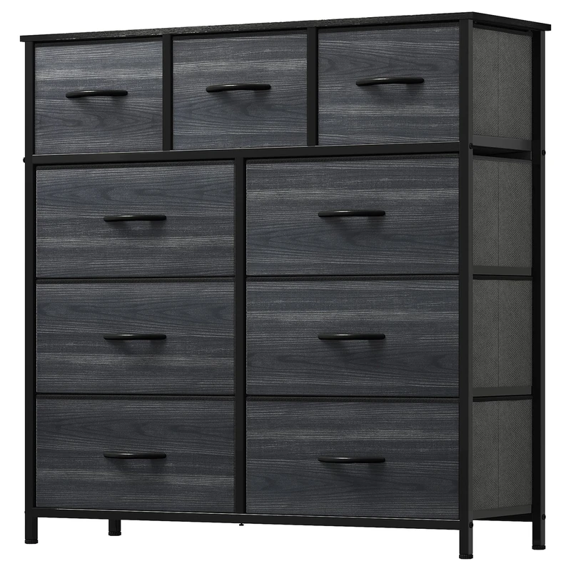 YITAHOME Wide Chest of Drawers with 9 Drawers, Fabric Dressers with Easy Pull Handle,Sturdy Steel Frame,Storage Drawers for Bedroom, Closet, Clothes,Charcoal Black Wood Grain