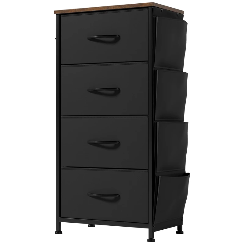YITAHOME Chest of Drawers with 4 Drawers, Fabric Drawers Cabinet with Side Pocket&Hooks,Easy Pull Handle,Sturdy Steel Frame,Storage Drawers for Bedroom, Closet, Clothes,Black
