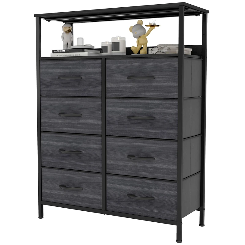 YITAHOME Chest of Drawers with 8 Drawers, Fabric Dressers with Shelves,Easy Pull Handle,Sturdy Steel Frame,Storage Drawers for Bedroom, Closet, Clothes,Charcoal Black Wood Grain