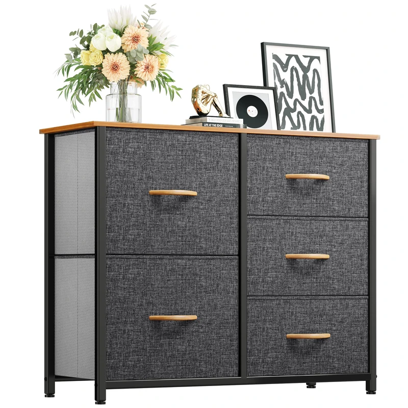 YITAHOME Chest of Drawers with 5 Drawers, Fabric Dressers with Easy Pull Handle,Sturdy Steel Frame,Storage Drawers for Bedroom, Closet, Clothes, Dark Grey