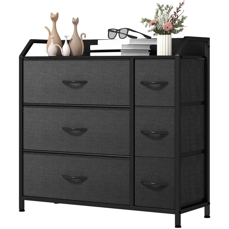 YITAHOME Chest of Drawers with 6 Drawers, Fabric Dressers with Easy Pull Handle,Sturdy Steel Frame,Storage Drawers for Bedroom, Closet, Clothes,Black Grey