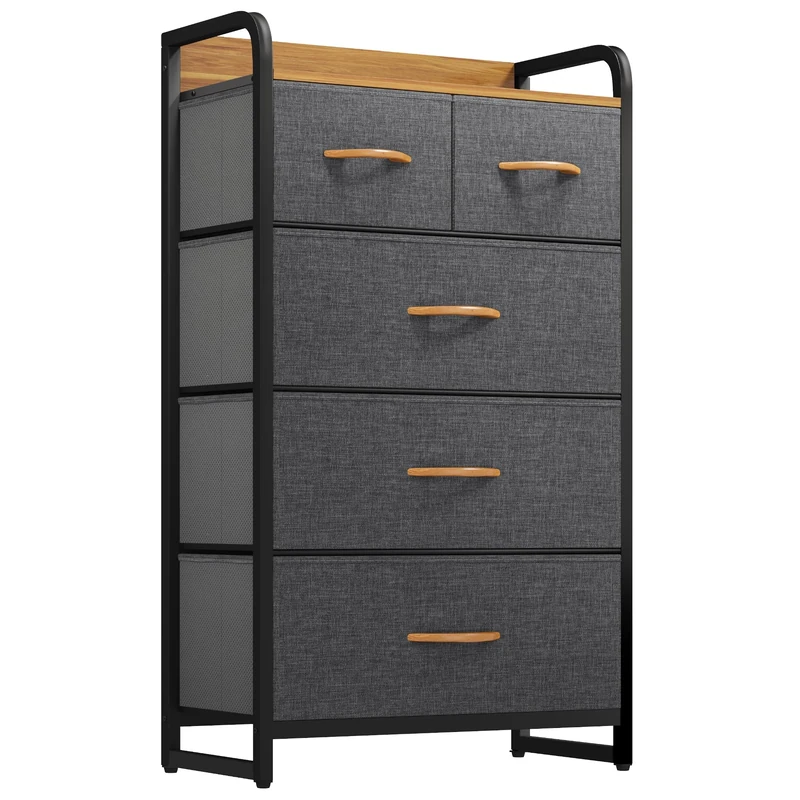 YITAHOME Narrow Chest of Drawers with 5 drawers, Fabric Drawers Cabinet with Easy Pull Handle,Sturdy Steel Frame,Storage Drawers for Bedroom, Closet, Clothes, Dark Grey
