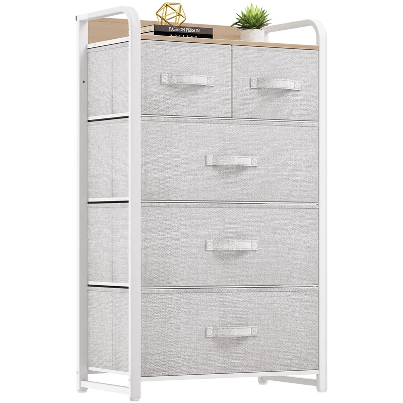 YITAHOME Narrow Chest of Drawers with 5 drawers, Fabric Drawers Cabinet with Easy Pull Handle,Sturdy Steel Frame,Storage Drawers for Bedroom, Closet, Clothes, Light Grey