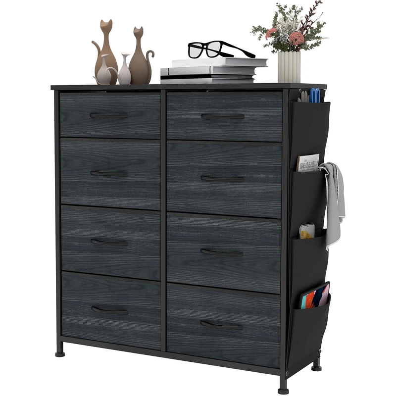 YITAHOME Chest of Drawers with 8 Drawers, Fabric Drawers with Side Pocket&Hooks,Easy Pull Handle,Sturdy Steel Frame,Storage Drawers for Bedroom, Closet, Clothes,Charcoal Black Wood Grain