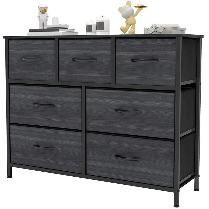 YITAHOME Wide Chest of Drawers with 7 Drawers, Fabric Dressers with Easy Pull Handle,Sturdy Steel Frame,Storage Drawers for Bedroom, Closet,Charcoal Black Wood Grain