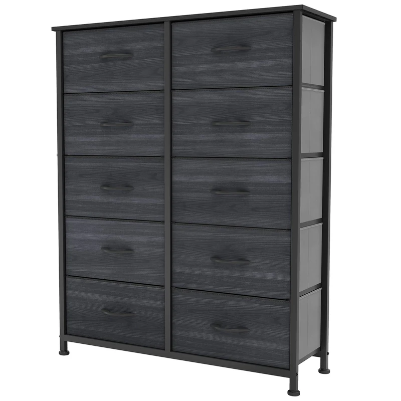 YITAHOME Chest of Drawers with 10 Drawers, Fabric Drawers Cabinet with Easy Pull Handle,Sturdy Steel Frame,Storage Drawers for Bedroom, Closet, Clothes,Charcoal Black Wood Grain