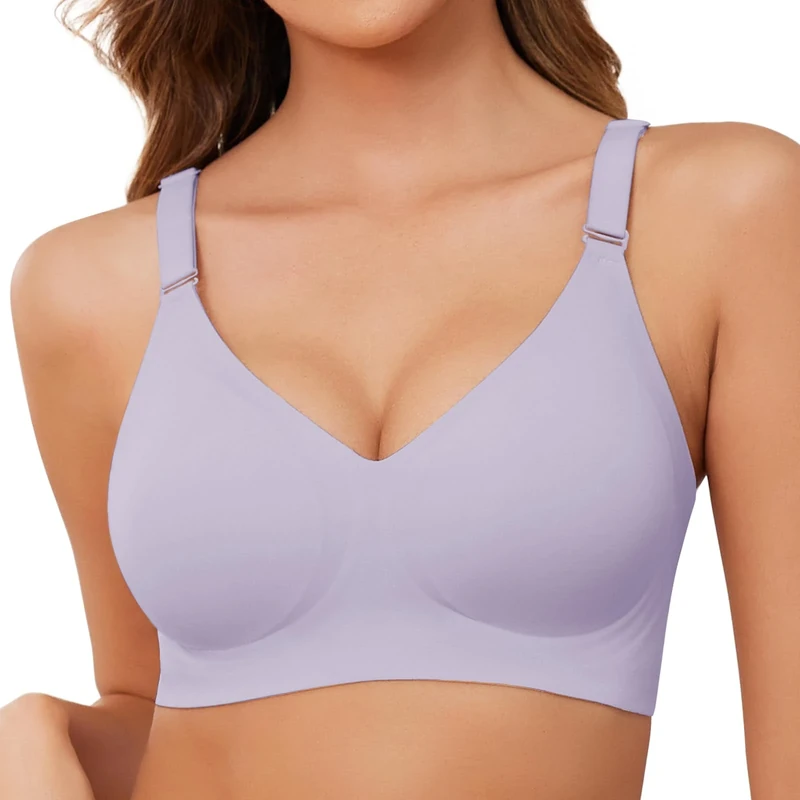 Lonya Bras for Women Push Up Seamless Non Wired Support Full Coverage Ladies V Neck Wireless Bra Comfort Adjustable Padded Zero Feel Bralettes, Purple, XL