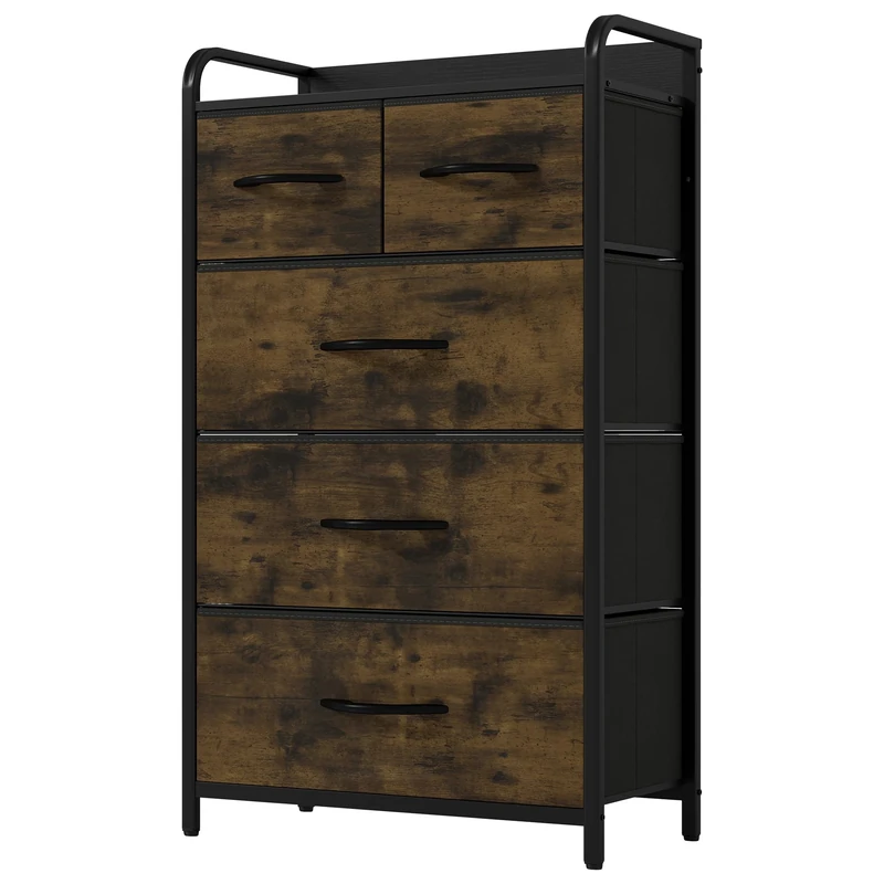 YITAHOME Narrow Chest of Drawers with 5 Drawers, Fabric Drawers Cabinet with Easy Pull Handle,Sturdy Steel Frame,Storage Drawers for Bedroom, Closet, Clothes,Rustic Brown