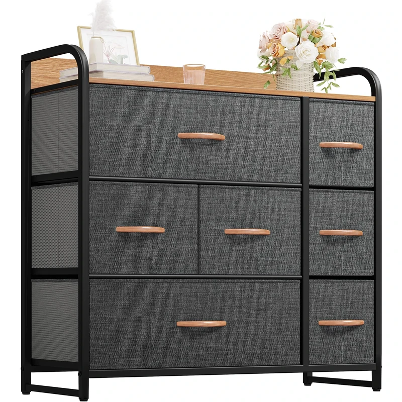 YITAHOME Chest of Drawers with 7 Drawers, Fabric Drawers Cabinet with Easy Pull Handle,Sturdy Steel Frame,Storage Drawers for Bedroom, Closet, Clothes, Dark Grey