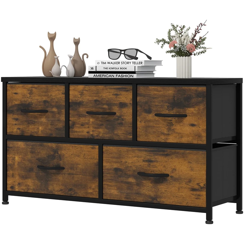 YITAHOME Wide Chest of Drawers with 5 Drawers, Fabric Dressers with Easy Pull Handle,Sturdy Steel Frame,Storage Drawers for Bedroom, Closet, Clothes,Rustic Brown