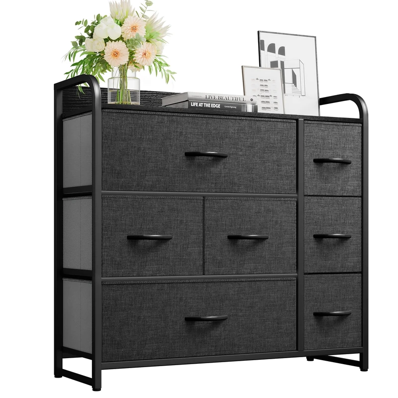 YITAHOME Chest of Drawers with 7 Drawers, Fabric Drawers Cabinet with Easy Pull Handle,Sturdy Steel Frame,Storage Drawers for Bedroom, Closet, Clothes, Black Grey