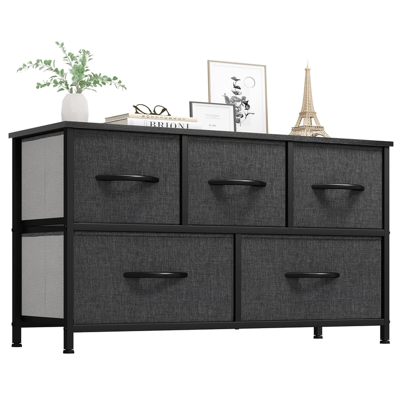 YITAHOME Wide Chest of Drawers with 5 Drawers, Fabric Dressers with Easy Pull Handle,Sturdy Steel Frame,Storage Drawers for Bedroom, Closet, Clothes, Black Grey