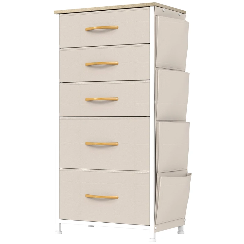 YITAHOME Narrow Chest of Drawers with 5 Drawers, Fabric Drawers with Side Pocket&Hooks,Easy Pull Handle,Sturdy Steel Frame,Storage Drawers for Bedroom, Closet, Clothes,Beige
