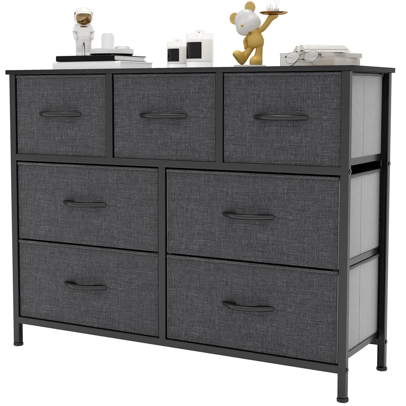 YITAHOME Wide Chest of Drawers with 7 Drawers, Fabric Dressers with Easy Pull Handle,Sturdy Steel Frame,Storage Drawers for Bedroom, Closet,Black Grey
