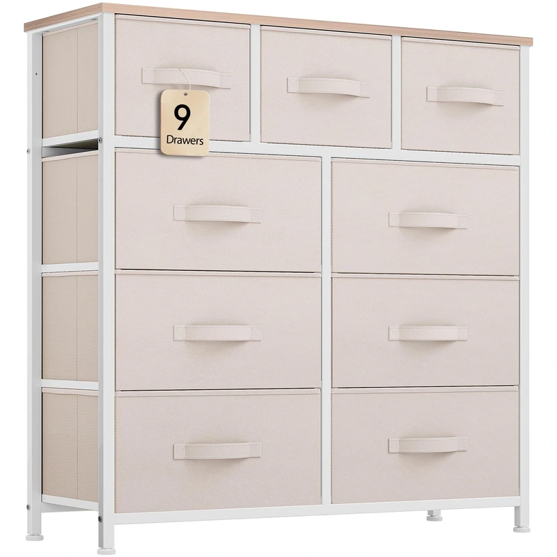 YITAHOME Wide Chest of Drawers with 9 Drawers, Fabric Dressers with Easy Pull Handle,Sturdy Steel Frame,Storage Drawers for Bedroom, Closet, Clothes,Cream White