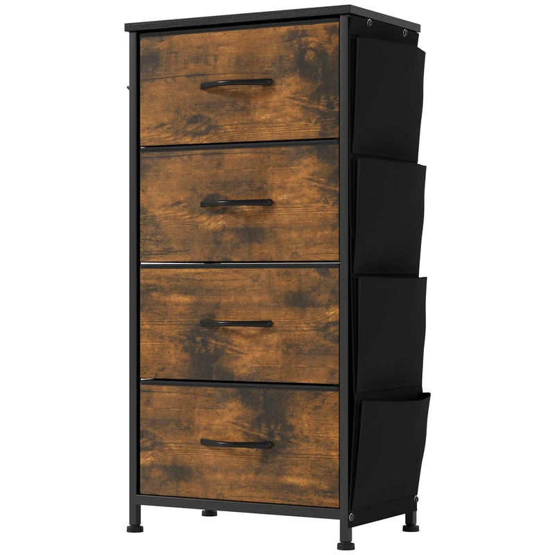 YITAHOME Chest of Drawers with 4 Drawers, Fabric Drawers Cabinet with Side Pocket&Hooks,Easy Pull Handle,Sturdy Steel Frame,Storage Drawers for Bedroom, Closet, Clothes,Rustic Brown