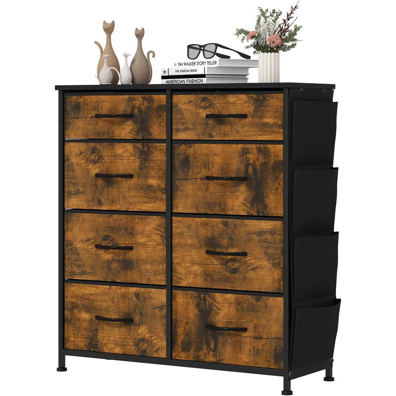 YITAHOME Chest of Drawers with 8 Drawers, Fabric Drawers with Side Pocket&Hooks,Easy Pull Handle,Sturdy Steel Frame,Storage Drawers for Bedroom, Closet, Clothes,Rustic Brown