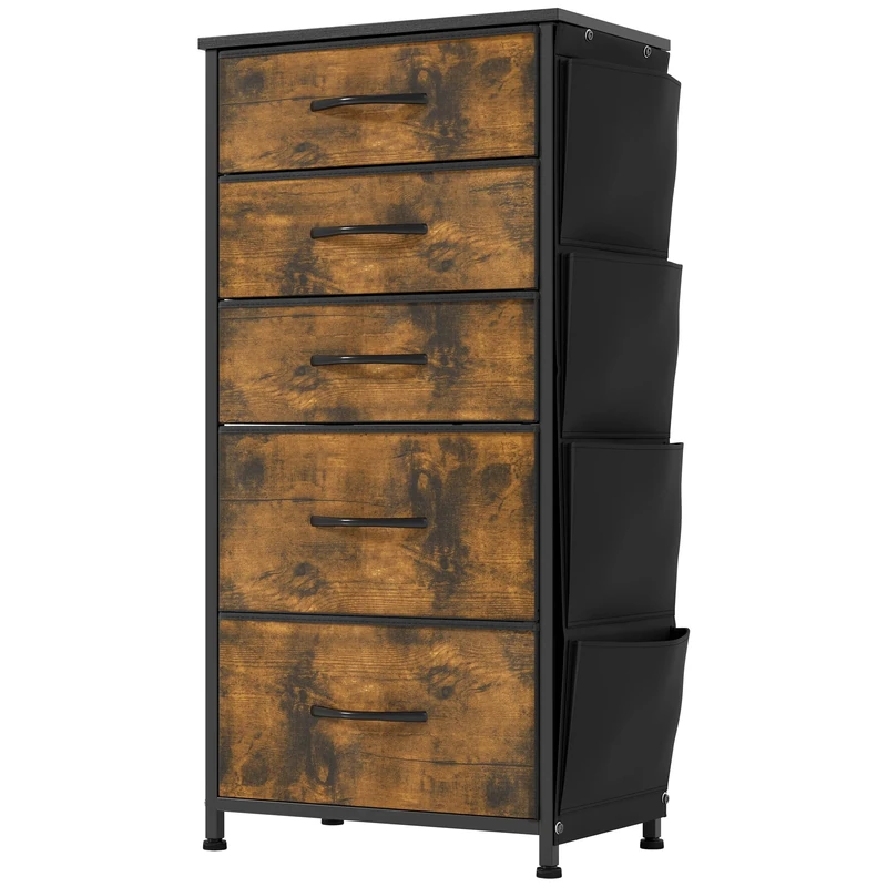 YITAHOME Narrow Chest of Drawers with 5 Drawers, Fabric Drawers with Side Pocket&Hooks,Easy Pull Handle,Sturdy Steel Frame,Storage Drawers for Bedroom, Closet, Clothes,Rustic Brown