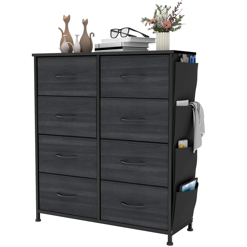 YITAHOME Chest of Drawers with 8 Drawers, Fabric Drawers Cabinet with Side Pocket&Hooks,Sturdy Steel Frame,Dresser for Bedroom, Closet,Charcoal Black Wood Grain