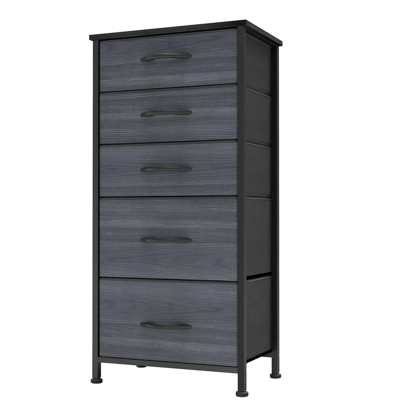 YITAHOME Narrow Chest of Drawers with 5 Drawers, Fabric Dressers with Easy Pull Handle,Sturdy Steel Frame,Storage Drawers for Bedroom, Closet, Clothes,Black wood grain
