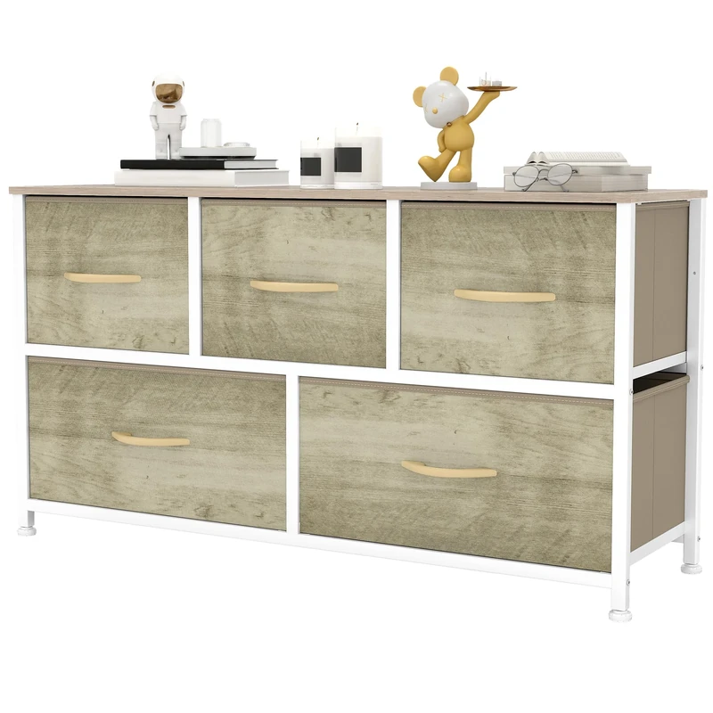 YITAHOME Wide Chest of Drawers with 5 Drawers, Fabric Dressers with Easy Pull Handle,Sturdy Steel Frame,Storage Drawers for Bedroom, Closet, Clothes,Light Wood Color