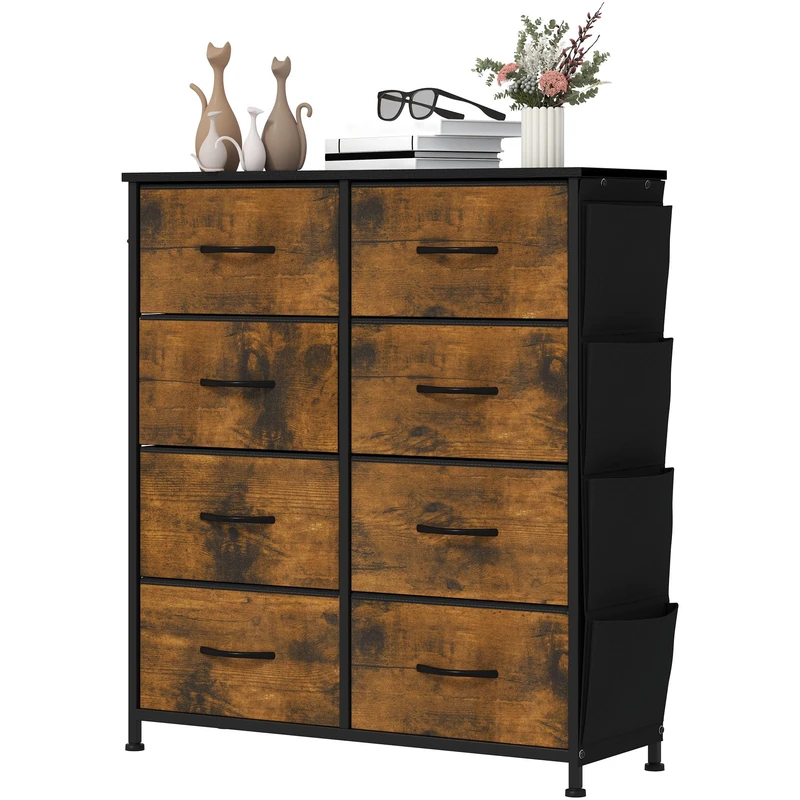YITAHOME Chest of Drawers with 8 Drawers, Fabric Drawers Cabinet with Side Pocket&Hooks,Easy Pull Handle,Sturdy Steel Frame,Storage Drawers for Bedroom, Closet, Clothes,Rustic Brown