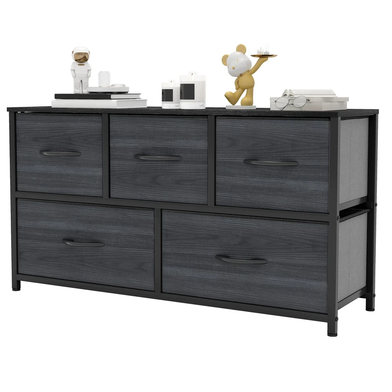 YITAHOME Wide Chest of Drawers with 5 Drawers, Fabric Dressers with Easy Pull Handle,Sturdy Steel Frame,Storage Drawers for Bedroom, Closet, Clothes,Charcoal Black Wood Grain