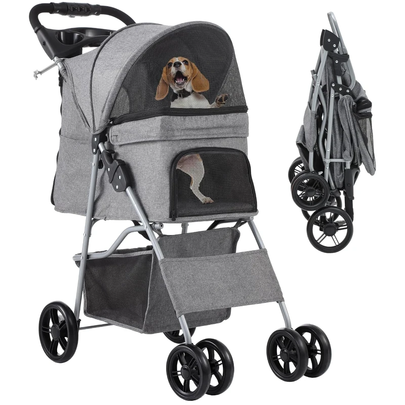 YITAHOME 4-Wheel Dog Pushchair with Storage Basket, Pet Stroller for Small to Medium Dogs, Foldable Pet Travel Carriage with Cup Holder & Storage Basket (Grey)