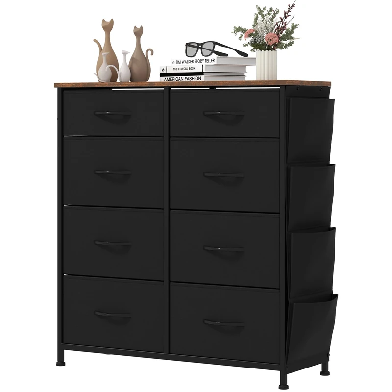 YITAHOME Chest of Drawers with 8 Drawers, Fabric Drawers with Side Pocket&Hooks,Easy Pull Handle,Sturdy Steel Frame,Storage Drawers for Bedroom, Closet, Clothes,Black