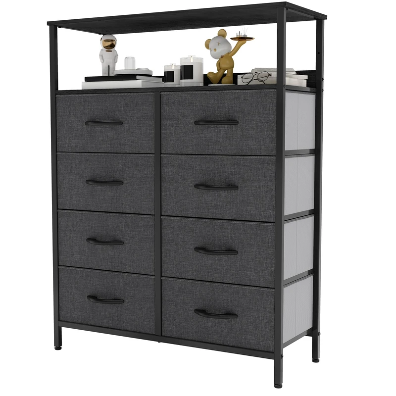 YITAHOME Chest of Drawers with 8 Drawers, Fabric Dressers with Shelves,Easy Pull Handle,Sturdy Steel Frame,Storage Drawers for Bedroom, Closet, Clothes,Black Grey