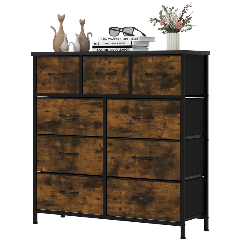 YITAHOME Wide Chest of Drawers with 9 Drawers, Fabric Dressers with Easy Pull Handle,Sturdy Steel Frame,Storage Drawers for Bedroom, Closet, Clothes,Rustic Brown