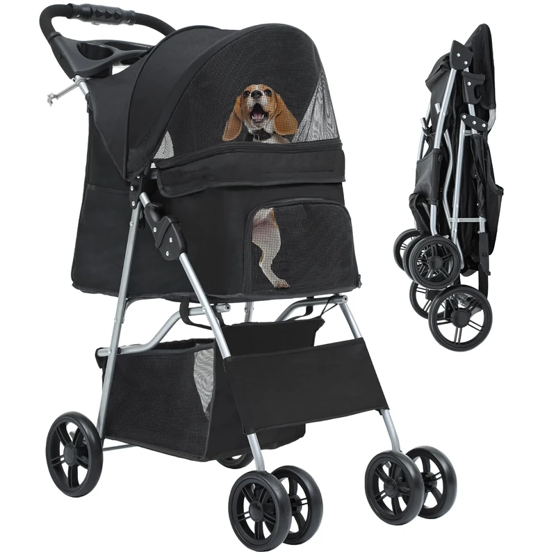 YITAHOME 4-Wheel Dog Pushchair with Storage Basket, Pet Stroller for Small to Medium Dogs, Foldable Pet Travel Carriage with Cup Holder & Storage Basket (Black)