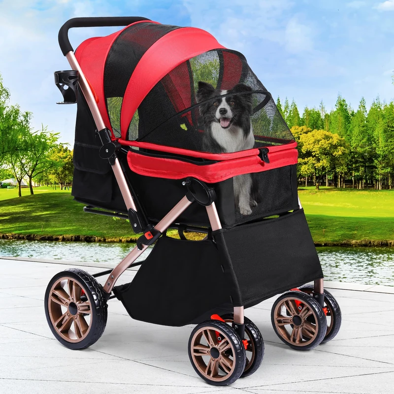 YITAHOME Pet Buggy with Reversible Handle, Foldable Dog Stroller for Small Dogs, Mesh Windows, Cup Holder, 360° Rotating EVA Wheels with Brakes (Red)