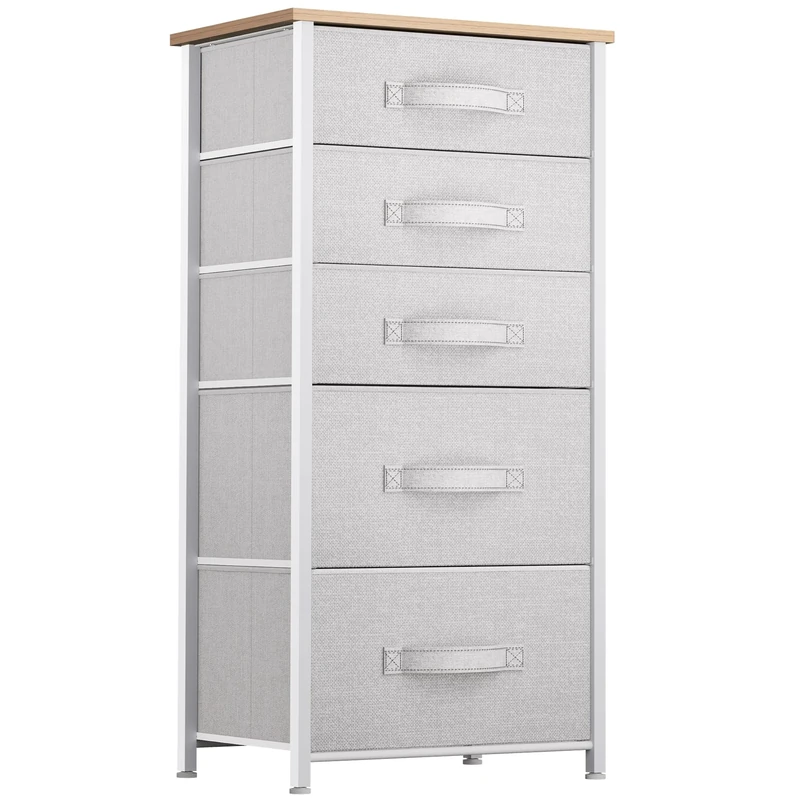 YITAHOME Narrow Chest of Drawers with 5 drawers, Fabric Dressers with Easy Pull Handle,Sturdy Steel Frame,Storage Drawers for Bedroom, Closet, Clothes, Light Grey
