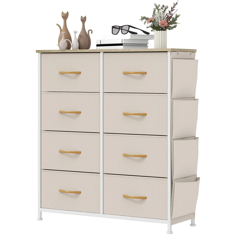 YITAHOME Chest of Drawers with 8 Drawers, Fabric Drawers Cabinet with Side Pocket&Hooks,Easy Pull Handle,Sturdy Steel Frame,Storage Drawers for Bedroom, Closet, Clothes,Beige
