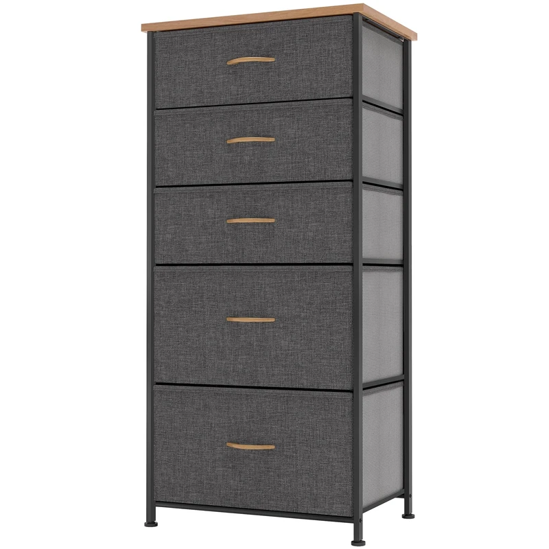 YITAHOME Narrow Chest of Drawers with 5 drawers, Fabric Dressers with Easy Pull Handle,Sturdy Steel Frame,Storage Drawers for Bedroom, Closet, Clothes, Dark Grey
