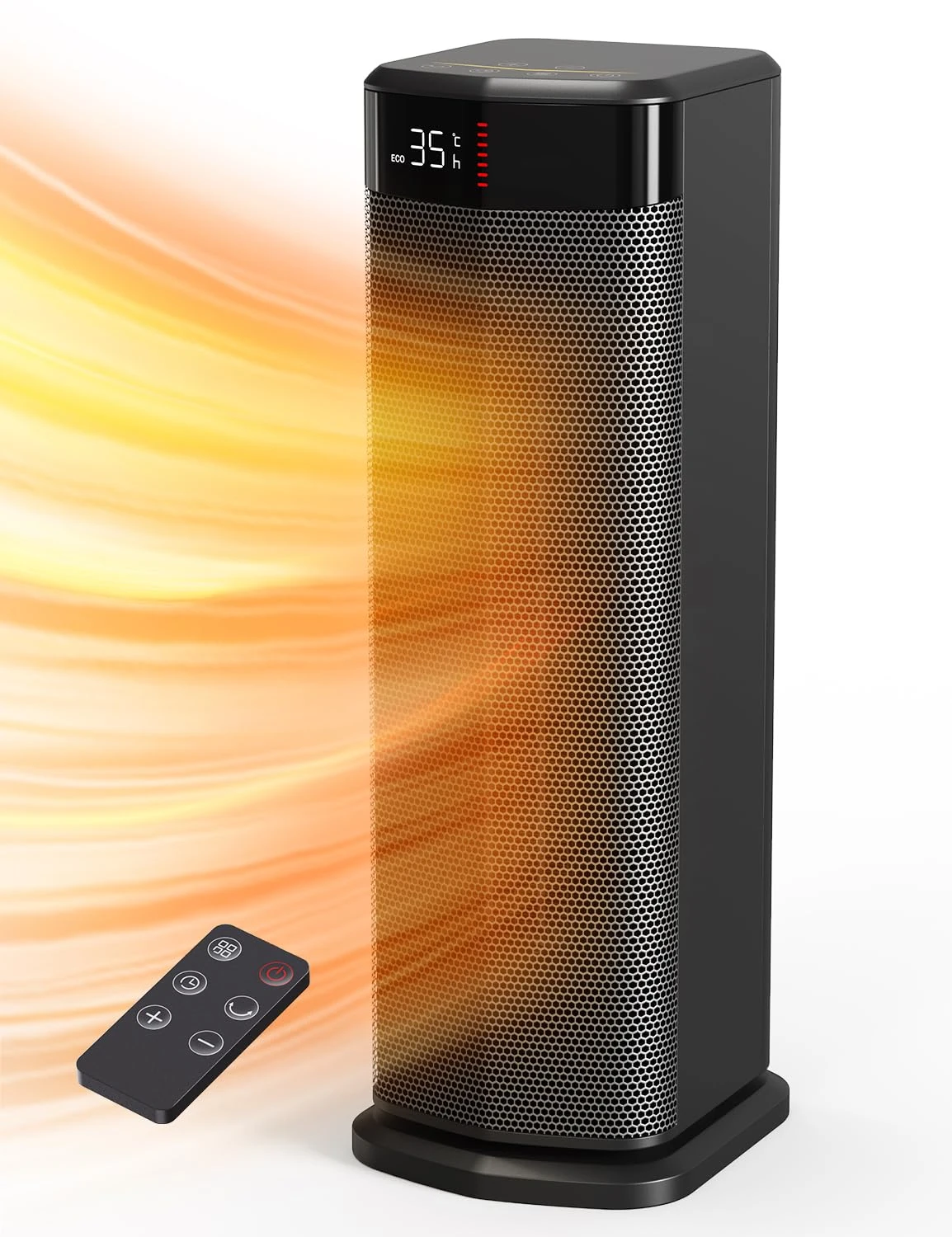 QEXREED Heater, 2000W PTC Electric Heater, 4 Modes, Energy Efficient Fan Heater with ECO Mode, Thermostat, 90° Oscillation, 24H Timer, Remote Control, Tip-Over & Overheating Protection for Indoor Use