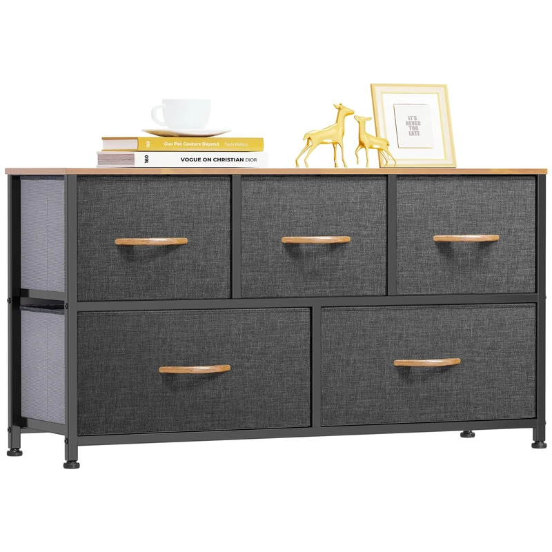 YITAHOME Wide Chest of Drawers with 5 Drawers, Fabric Dressers with Easy Pull Handle,Sturdy Steel Frame,Storage Drawers for Bedroom, Closet, Clothes, Dark Grey