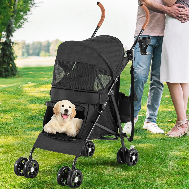 YITAHOME 4-Wheel Dog Pushchair with Shoulder Straps, Pet Stroller for Small to Medium Dogs, Folding Pet Travel Carriage with Cup Holder & Storage Bag (Black)