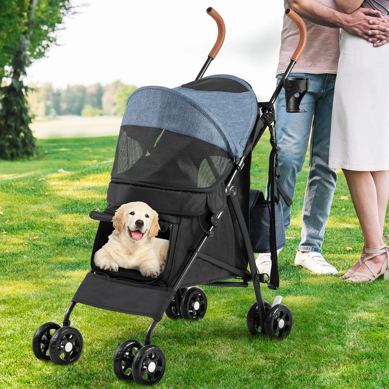 YITAHOME 4-Wheel Dog Pushchair with Shoulder Straps, Pet Stroller for Small to Medium Dogs, Folding Pet Travel Carriage with Cup Holder & Storage Bag (Blue Black)