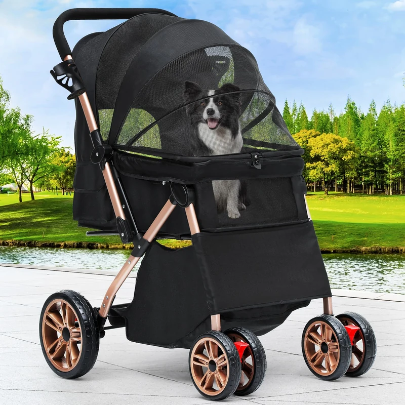 YITAHOME Pet Buggy with Reversible Handle, Foldable Dog Stroller for Small Dogs, Mesh Windows, Cup Holder, 360° Rotating EVA Wheels with Brakes (Black)