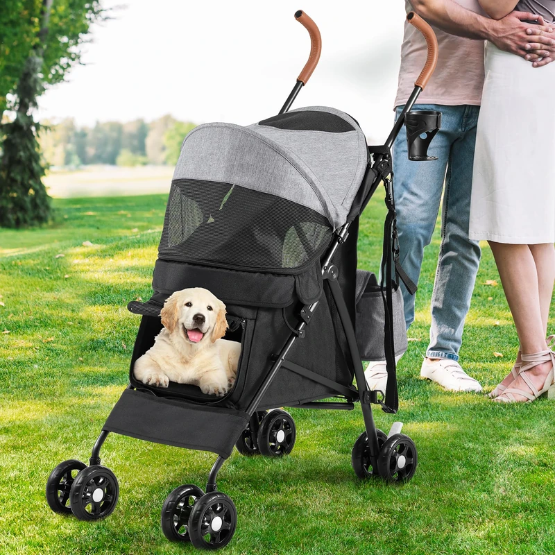 YITAHOME 4-Wheel Dog Pushchair with Shoulder Straps, Pet Stroller for Small to Medium Dogs, Folding Pet Travel Carriage with Cup Holder & Storage Bag (Grey Black)