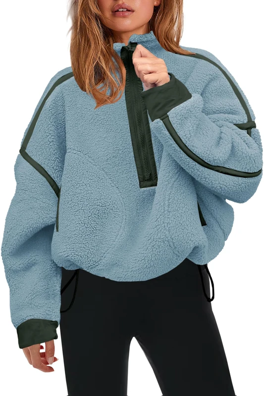 Panadila Womens Half Zip Sherpa Fleece Pullover Soft Oversized Sweatshirt with Pockets Warm Fuzzy Sweater, Dusty Blue Green, XL